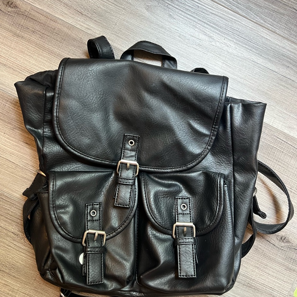 Black Faux Leather Backpack